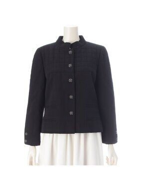 Chanel 06A Wool Gripoix CC Logo Stand Collar Quilted Jacket Black 42